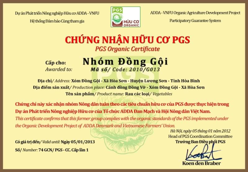 Tình trạng chứng nhận PGS của các nhóm