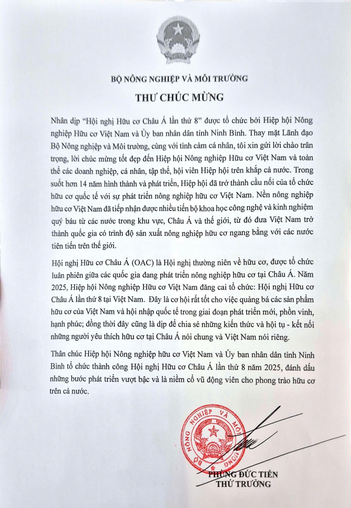 Bộ Nông nghiệp và Môi trường gửi thư chúc mừng “Hội nghị Hữu cơ Châu Á lần thứ 8″