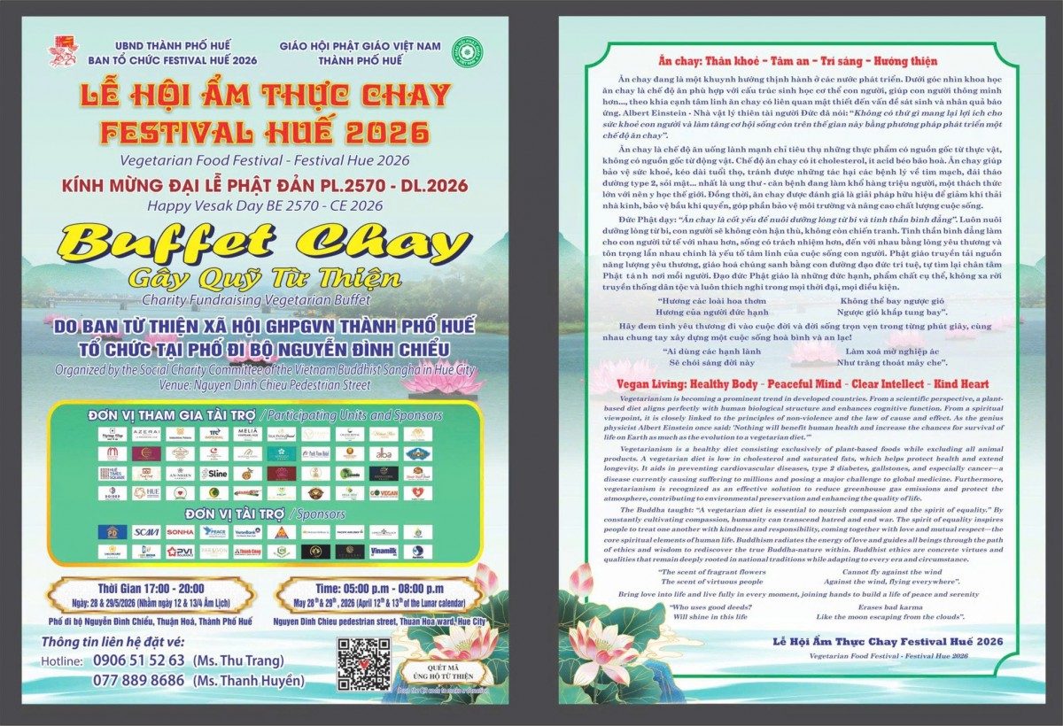 Lễ hội Ẩm thực Chay – Festival Huế 2026, sự kiện do Ban Trị sự Giáo hội Phật giáo Việt Nam thành phố Huế phối hợp cùng Ban Tổ chức Festival Huế 2026 tổ chức